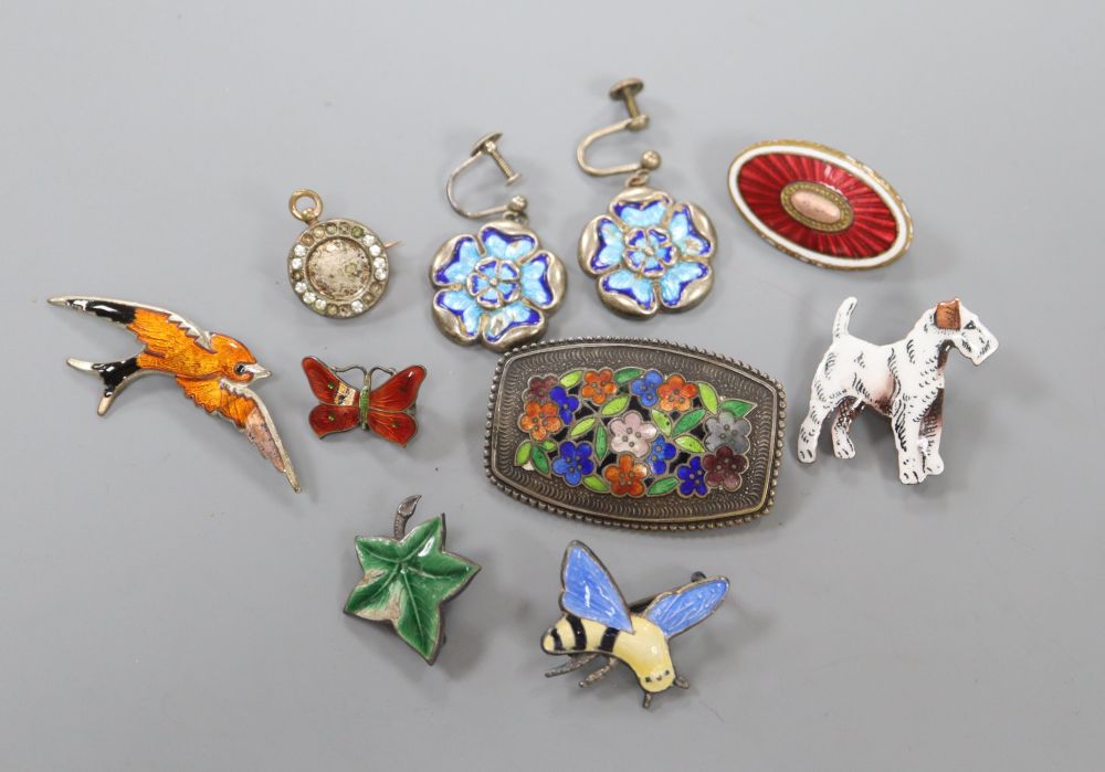 Assorted enamelled white metal brooches and mixed costume jewellery, including converted silver buttons.